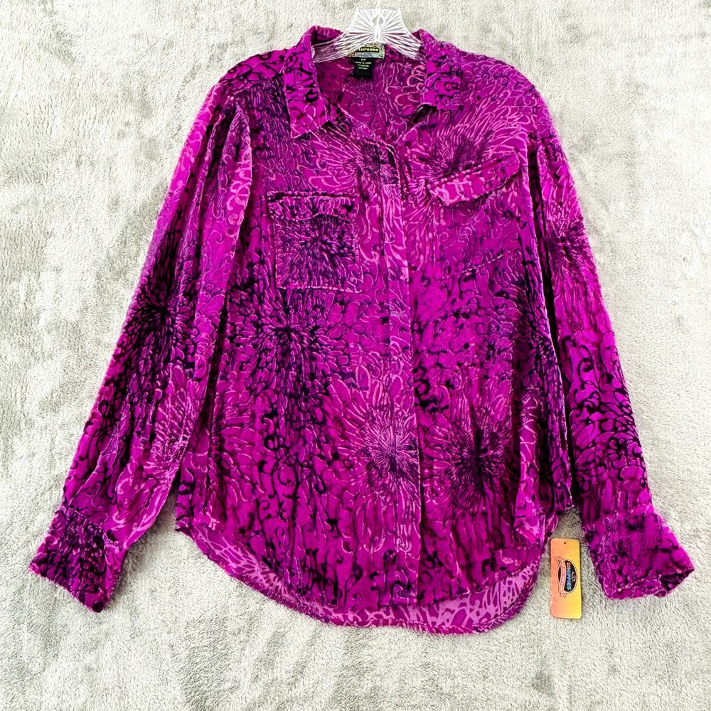 2OH Threads Button Blouse Purple S Rayon Silk Blend Velvet Flocked‎ Long Sleeve